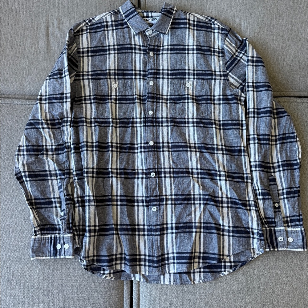 Express Men's Linen/Cotton Navy and White Plaid Button Down Shirt - Large